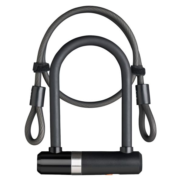 Zwarte Axa Newton Mini U-slot beugelslot met kabel voor extra beveiliging, zichtbaar in de afbeelding.