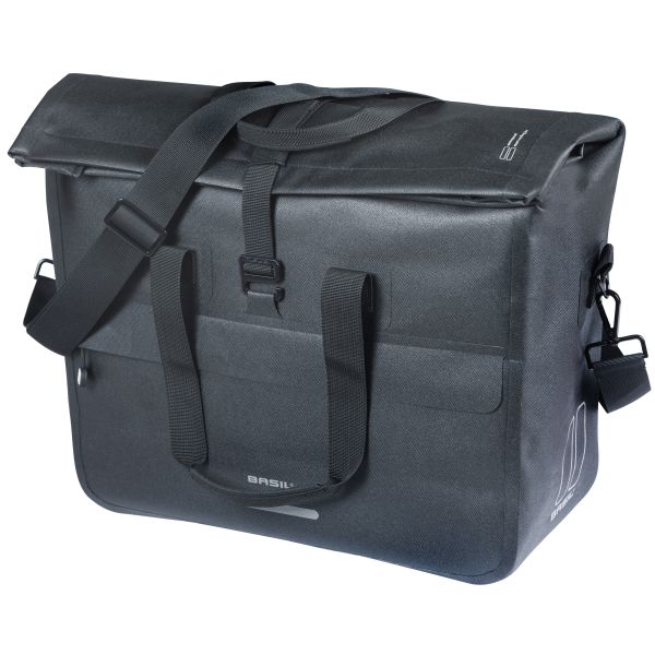 Basil Urban Dry Neo enkele fietstas voor kantoor, waterdicht met MIK-haken, geschikt voor 23-26 liter bagage, zwarte kleur.