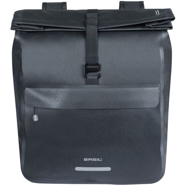 Basil Urban Dry Neo dubbele fietstas met 46-52 liter capaciteit, waterdicht en geschikt voor stadsfietsen, zwart kleur.