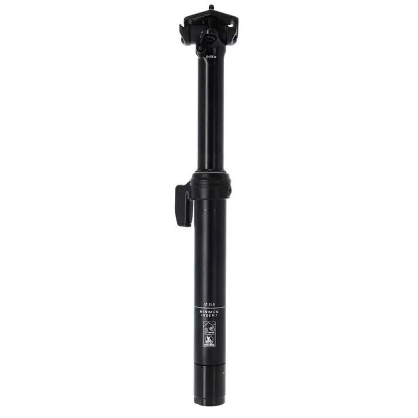 Zwarte XLC Sp-S13 verende dropper zadelpen van aluminium met remote voor mountainbikes, zichtbaar in close-up.
