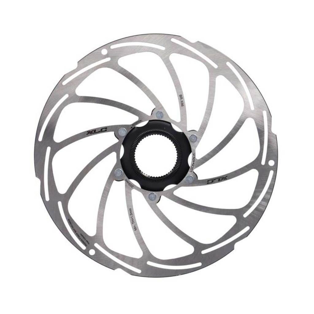 Zilveren XLC Brx86 remschijf met Center-Lock montage voor fiets, zicht op de remschijf en bevestigingsmechanisme