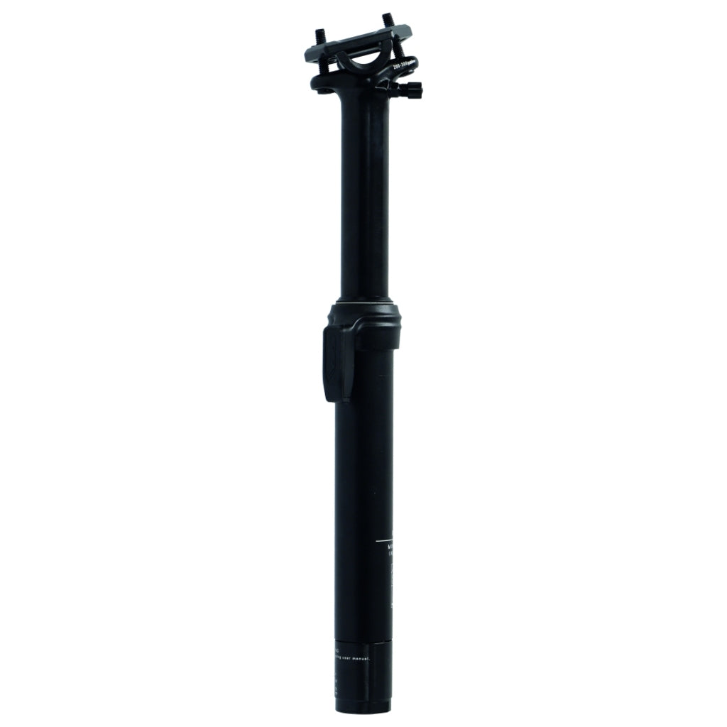 Zwarte XLC Sp-S13 verende dropper zadelpen van aluminium met remote, zichtbaar vanuit een zijaanzicht.