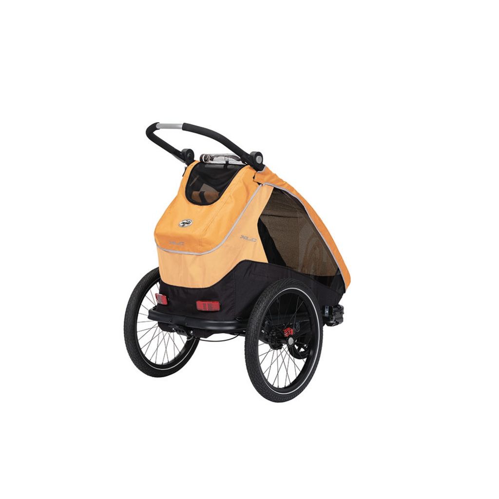 Oranje XLC Mono S BS-C09 kinderfietskar voor 1 persoon, stevig frame en comfortabele zitruimte, geschikt voor kinderen.