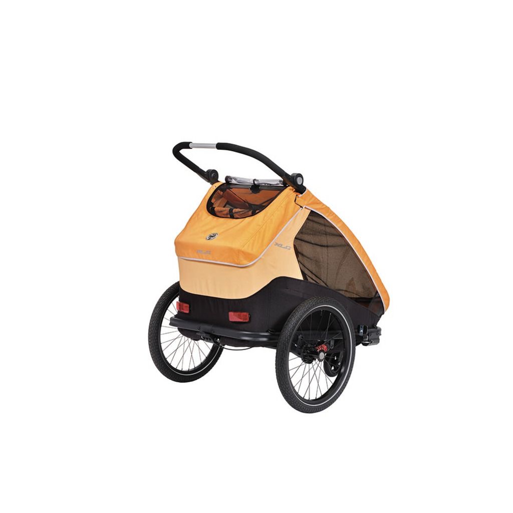 XLC Kinderfietskar Duo S BS-C10 in oranje, dubbele fietskar voor kinderen, zichtbaar met stevige constructie en zitplaatsen.