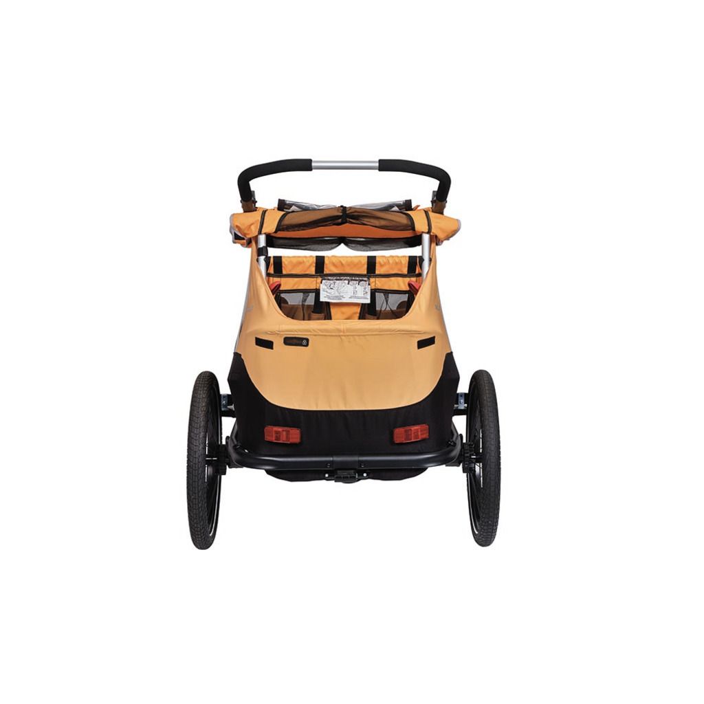 XLC Duo S BS-C10 kinderfietskar in oranje, met stevige frame en veilige zitplaatsen voor twee kinderen.