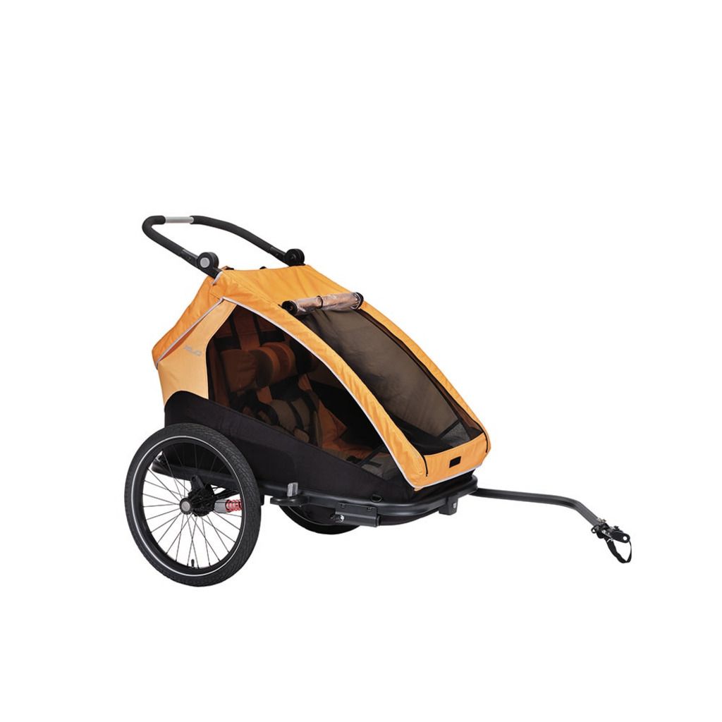 Oranje XLC Duo S BS-C10 kinderfietskar met twee zitplaatsen en veiligheidsriemen, geschikt voor jonge kinderen.