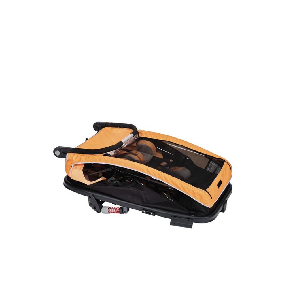 XLC Kinderfietskar Duo S BS-C10 in oranje, dubbele fietskar voor kinderen met comfortabele zittingen en stevige constructie.