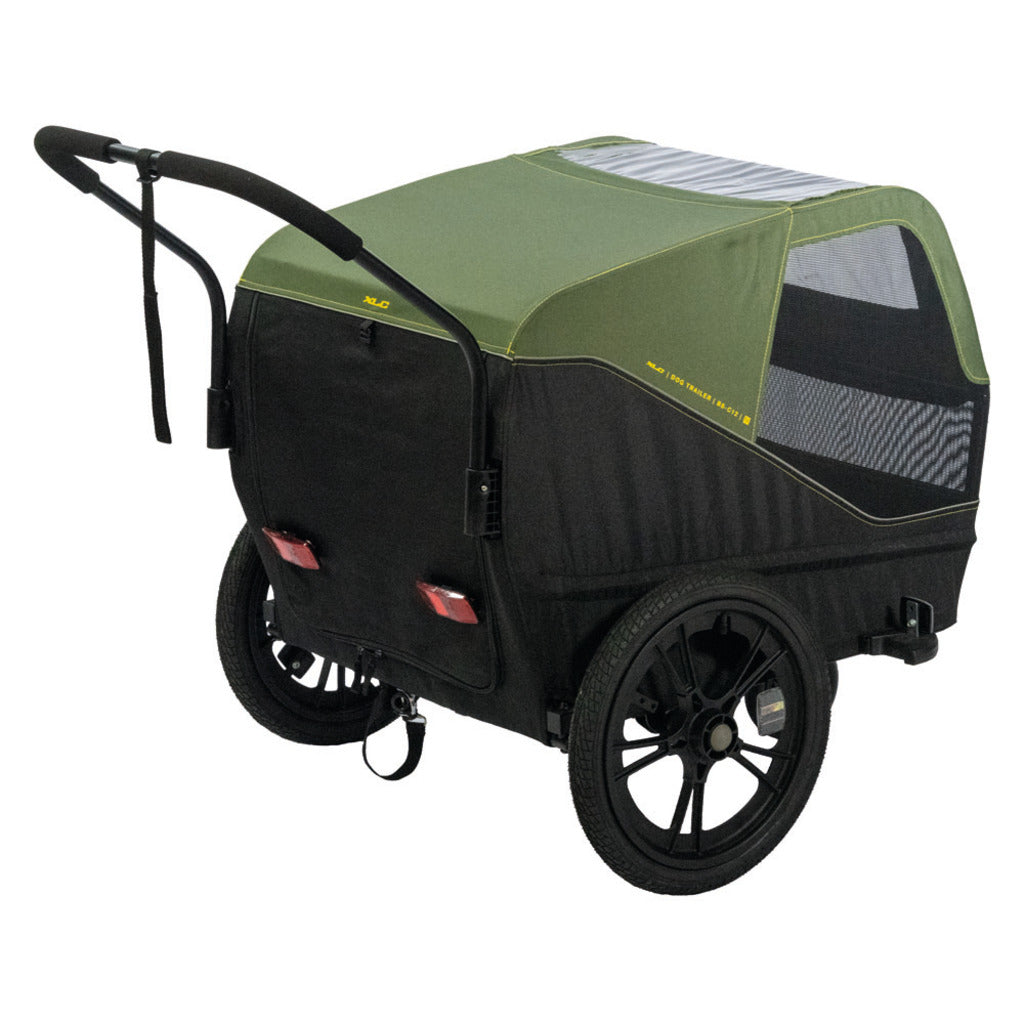 Zwart/groene XLC hondenfietskar inklapbaar met 16-inch wielen, geschikt voor het vervoeren van honden tijdens het fietsen