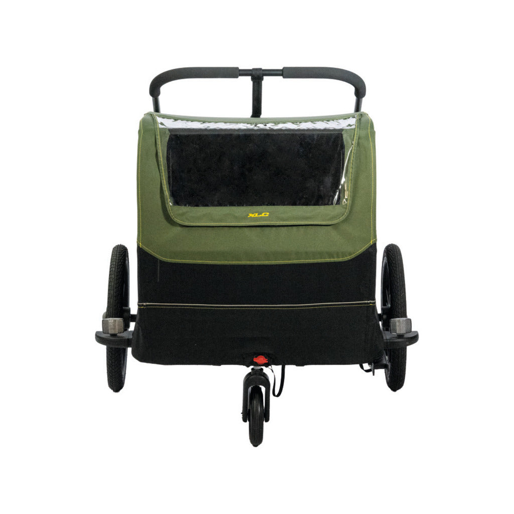 Zwarte en groene XLC hondenfietskar Bs-C12 M, inklapbaar, met 16 inch wielen, geschikt voor honden, zichtbaar in de afbeelding.