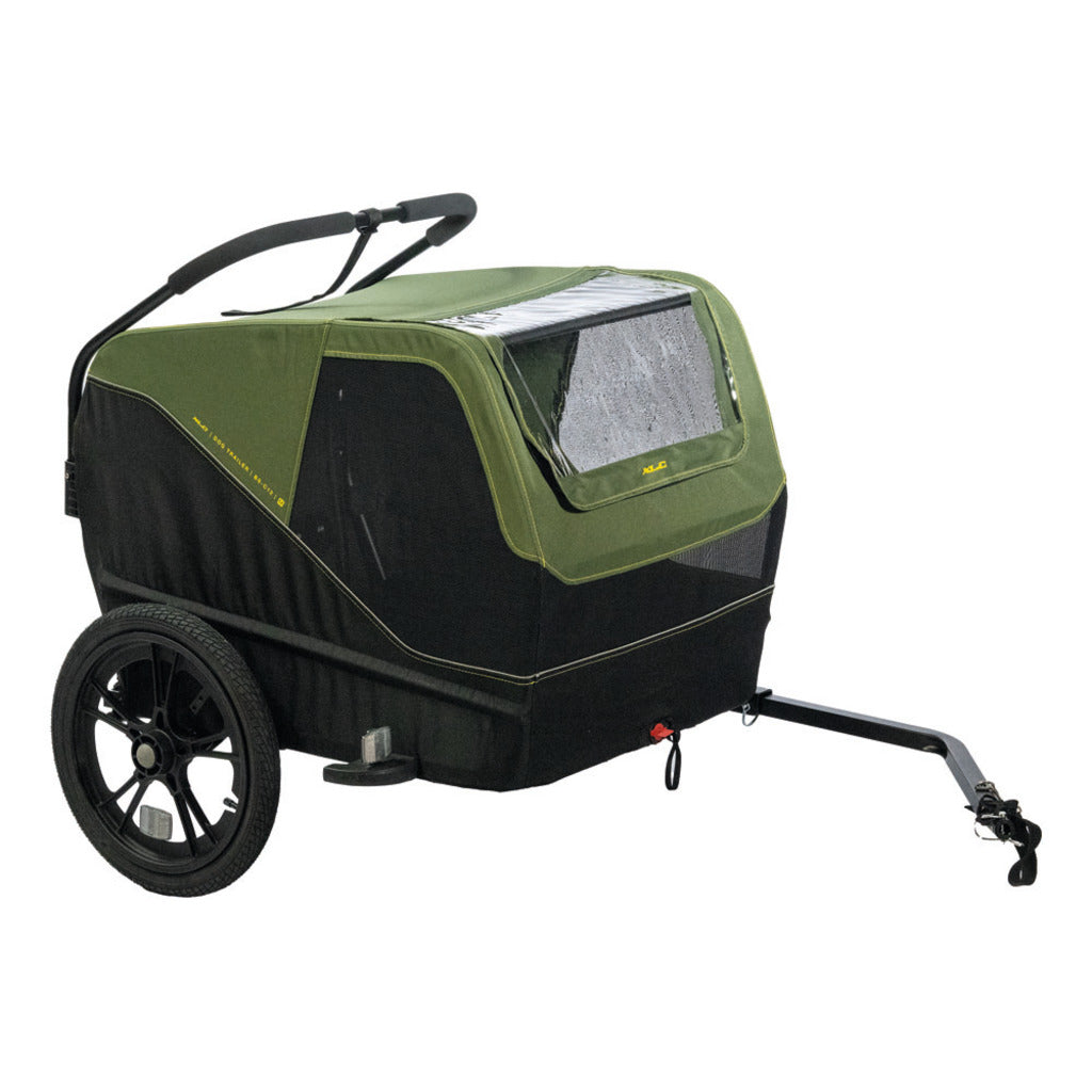 Zwarte en groene inklapbare hondenfietskar van XLC met 16-inch wielen en robuuste constructie voor honden.