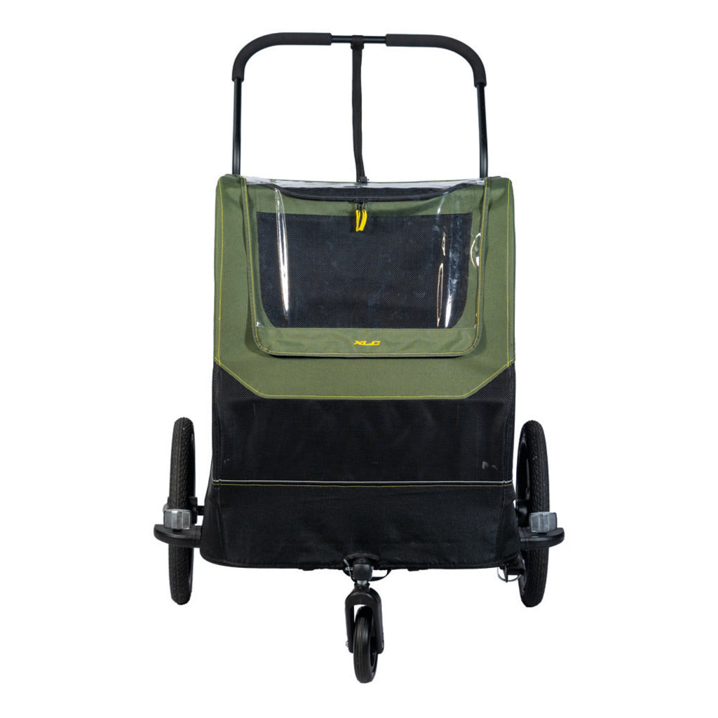 Zwarte en groene XLC hondenfietskar L BS-C13 met rits en ventilatie voor honden, geschikt voor fietsgebruik.