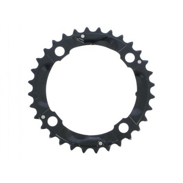 Zwart Shimano Deore FC-M590 kettingblad voor 9-speed fietsen, zichtbaar met tanden en montagemogelijkheden.