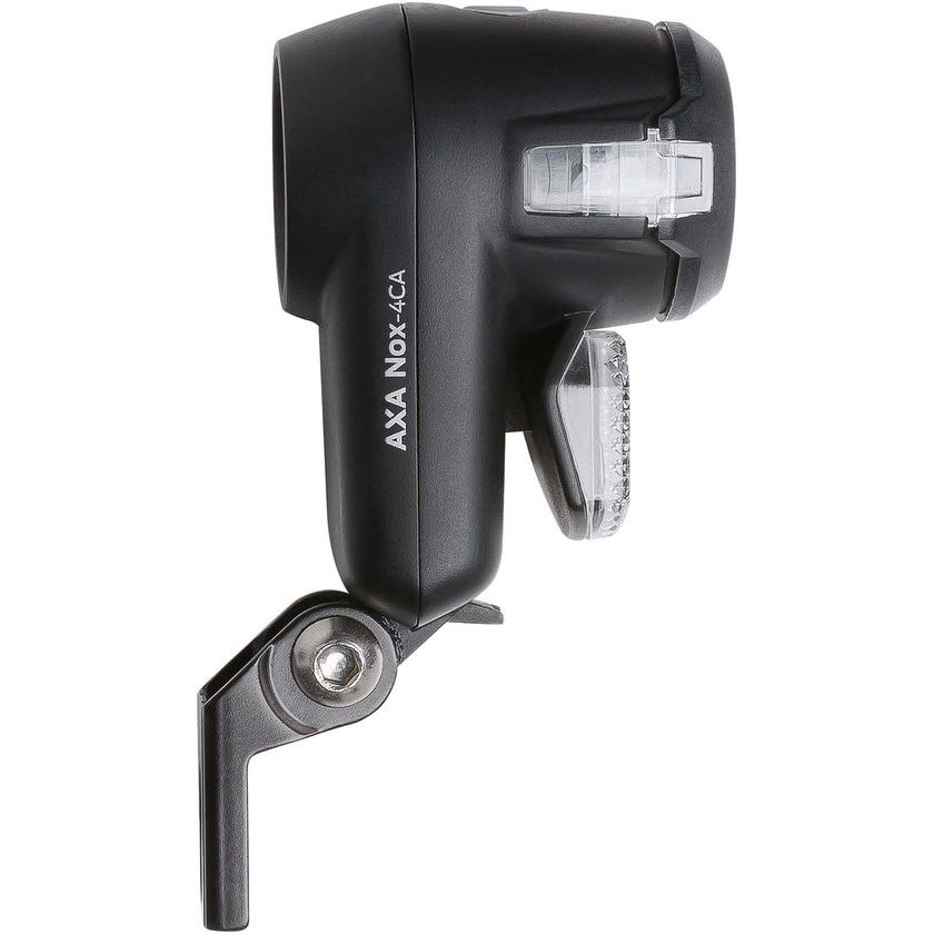 Zwarte Axa Nox City 4 Lux koplamp met batterij voor stadsfietsen, zichtbare lamp met bevestigingsbeugel op zwart frame