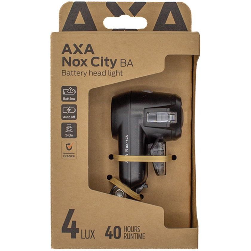 Zwarte Axa Nox City autokoplamp met 4 Lux automatische uitschakeling, geschikt voor stadsverlichting en veiligheid.