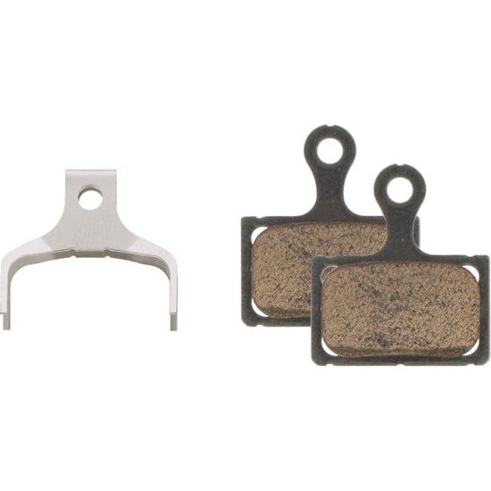Zwarte Shimano K04S metalen schijfremblokjes set voor fietsremmen, zichtbaar met remoppervlakken en bevestigingspunten.