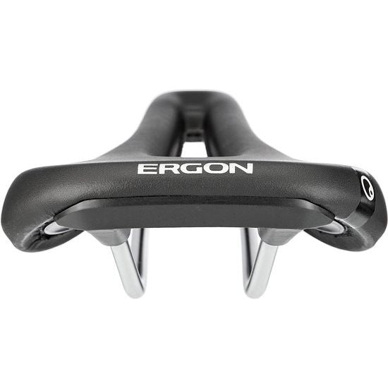 Zwart Ergon dames racefiets- en MTB-zadel met ergonomisch ontwerp, zichtbaar op een 550x298 afbeelding.