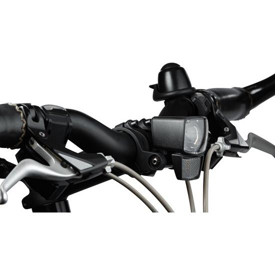 Zwarte Axa NXT stuurhouder van 25,4 mm voor verlichtingsaccessoires op een fiets, zichtbaar met bevestigingspunt en kabelgeleiding.