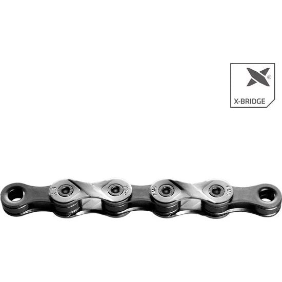 Zilveren/grijze KMC 9-speed ketting met 114 schakels voor fiets, geschikt voor 9-speed gear systemen.
