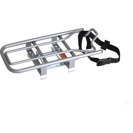 Steco universele opzetdrager voor e-bike, geschikt voor bagagedragers tot 25 kg, zwart metalen frame op fiets.