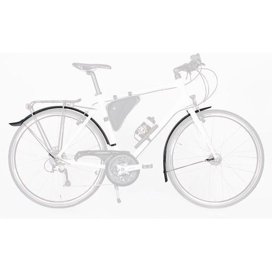 Zwarte SKS Velo 42 Urban 28" spatbordenset met PVC-stangen en 42 mm breedte, geschikt voor stadsfietsen.