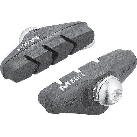 Shimano M50T remblokset voor velgremmen, compatibel met Sora, Tiagra en 105, zichtbaar in de afbeelding.
