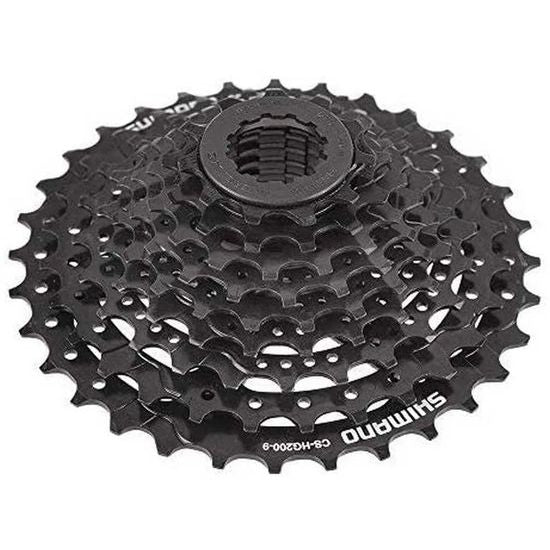 Shimano Acera Cs-Hg200 9-speed cassette met metalen tanden en zwarte behuizing, geschikt voor mountainbikes en racefietsen.