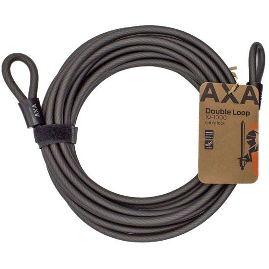 Axa slotkabel dubbele lus van 10 meter voor beveiliging, afgebeeld op een kaart, geschikt voor fietsen of scooters.