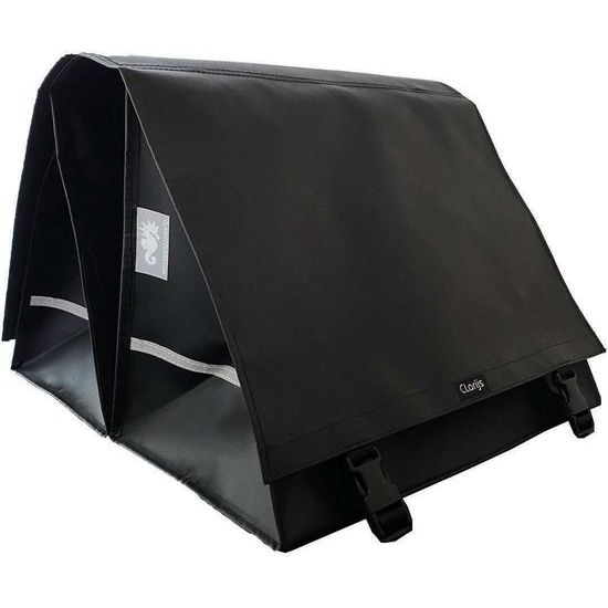 Dubbele fiets tas van Clarijs, 70 liter, zwart Bisonyl PVC, waterdicht en stevig voor lange fietstochten.