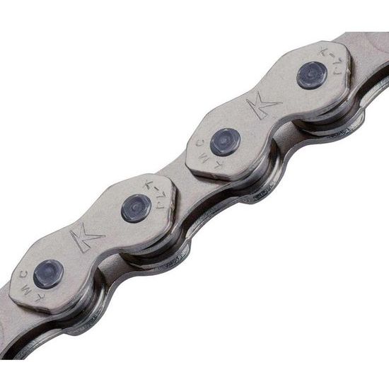 Verchroomde KMC K1 Narrow ketting voor single speed fietsen, 1/2" x 3/32", zilver met 100 schakels, zichtbaar in de afbeelding.