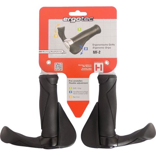 Zwart Ergotec handvatten Mf2 Small met Kraton en aluminium, 130+130 mm, geschikt voor fiets of motor.