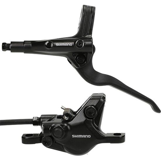 Zwarte Shimano MT402-3 en MT410 schijfremset voor MTB, inclusief remklauwen en schijven, geschikt voor mountainbikes.