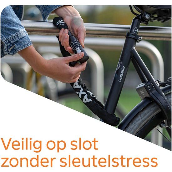 Damesfiets met Axa Kettingslot Absolute C5-90, stevig kettingslot voor fietsbeveiliging, zwart en robuust in beeld.
