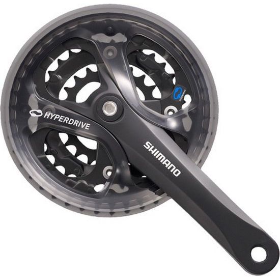 Shimano Acera M361 stadsfiets crankstel met 42/32/22T kettingbladen en zwarte afwerking, 7/8 snelheden, zichtbaar op de afbeelding.