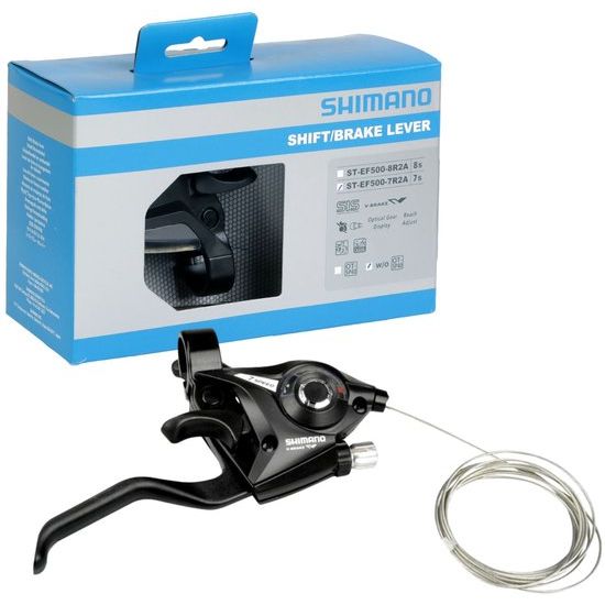 Shimano ST-EF500 7-speed shifters en remhendels rechts, zwart, met twee vingers, geschikt voor fietsbesturing en schakelen.