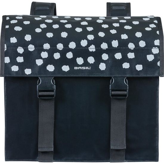 Basil Urban Load dubbele fietstas zwart met reflecterende stippen, 48-53 liter, geschikt voor fiets en boodschappen.