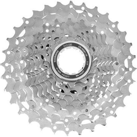 Shimano Deore XT CS-M771 10-speed cassette met 10 versnellingen en HG-compatibiliteit, zichtbaar in de afbeelding.