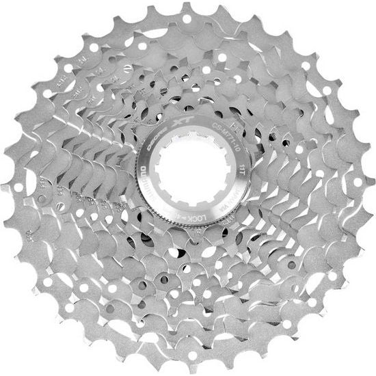 Shimano Deore XT CS-M771 10-speed cassette met 10 versnellingen en zinklegering, geschikt voor mountainbikes.