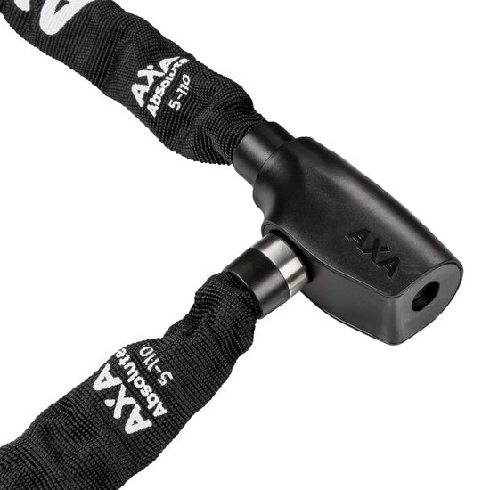 AXA Absolute 5 kettingslot met 5 mm diameter en polyester hoes, geschikt voor beveiliging van fietsen en accessoires.
