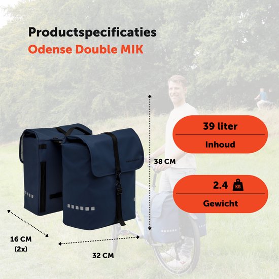 Dubbele fietstas van New Looxs Odense Mik, 39 liter, met waterbestendige stof en handige bevestigingsriemen.