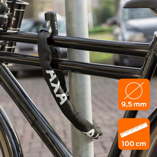 Zwart Axa kettingslot Linq 100 cm met Ø 9,5 mm ketting, geschikt voor beveiliging van fietsen of scooters.