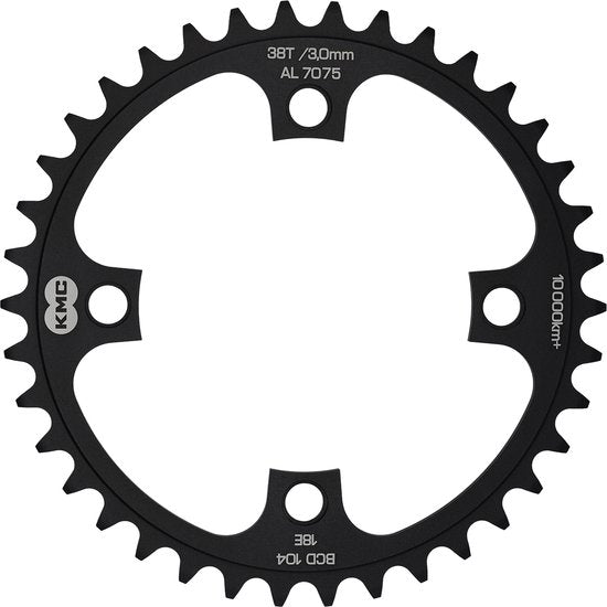 Zwart KMC kettingblad 38T voor single speed 1/8 met BCD 104 mm en 1/2" x 1/8" aluminium AL 7075 T6