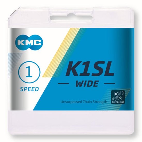 KMC K1SL 1/8 ketting in zilver met 100 schakels voor single speed fietsen, zicht op de schakels en zilveren afwerking.