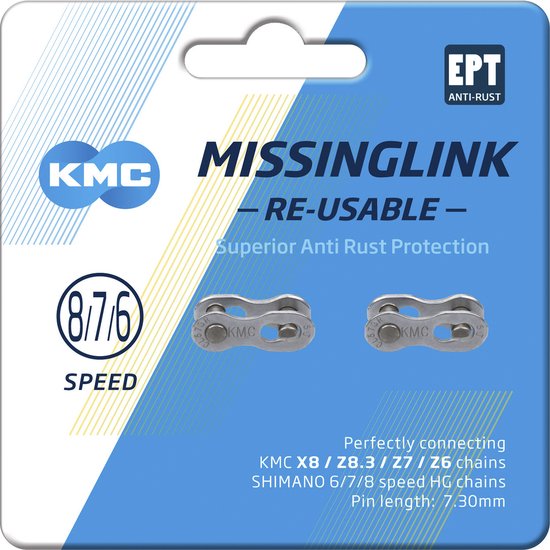 Set van twee KMC Missinglink 7/8R EPT kettingschakels met 7,3 mm pin voor gemakkelijke kettingsluiting.