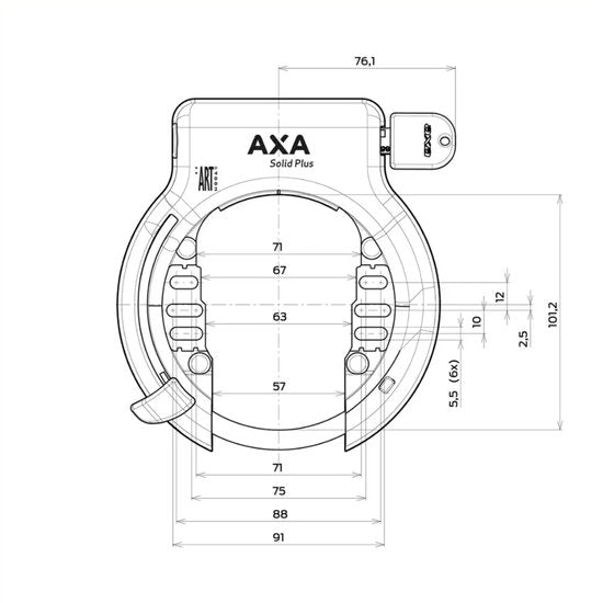 Zwarte Axa Solid ART 2 ringslot met stevige metalen behuizing en beveiligingsmechanisme voor fietsen.