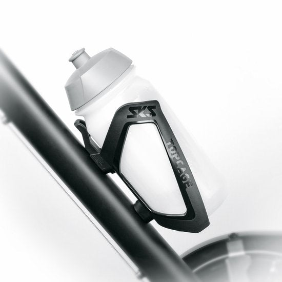 Zwarte SKS Topcage kunststof bidonhouder voor fiets, bevestiging en ruimte voor waterfles op de fietsframe.