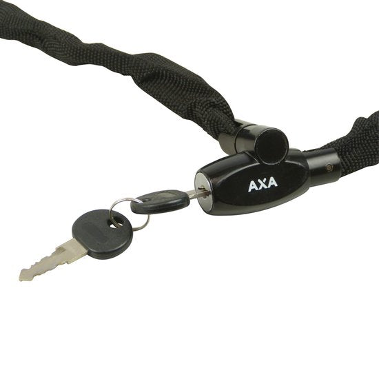 Zwart AXA kettingslot met sleutel, stevige Rigid RCK 120/3,5 voor fietsbeveiliging, zichtbaar met ketting en slot.