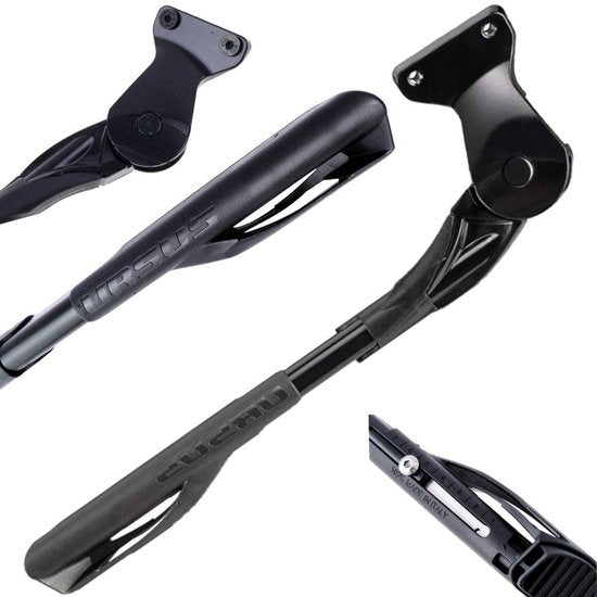 Zwarte Ursus achterstandaard Wave met 40 mm plaat voor fiets, stabiel en stevig, op een zwarte achtergrond.