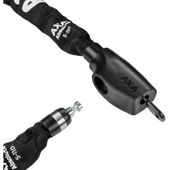 Axa Absolute 5 kettingslot met 5 mm diameter en polyester hoes, geschikt voor beveiliging van fietsen of scooters.