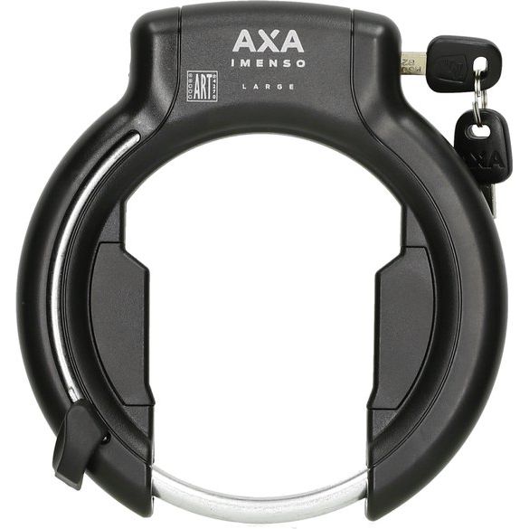 Zwart Axa Imenso Large ringslot voor extra fietsbeveiliging, zichtbaar op de afbeelding met montageonderdelen