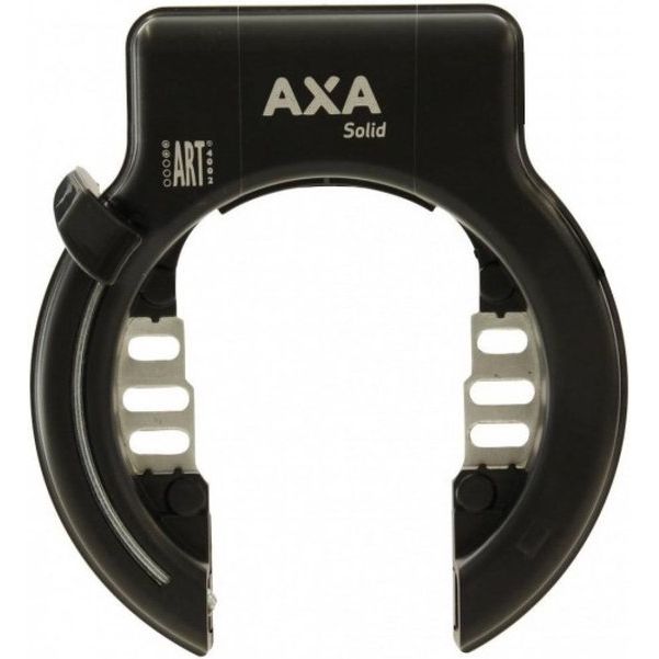 Zwarte Axa Solid ART 2 ringslot voor fietsveiligheid, zichtbaar in close-up op 550x601 afbeelding.